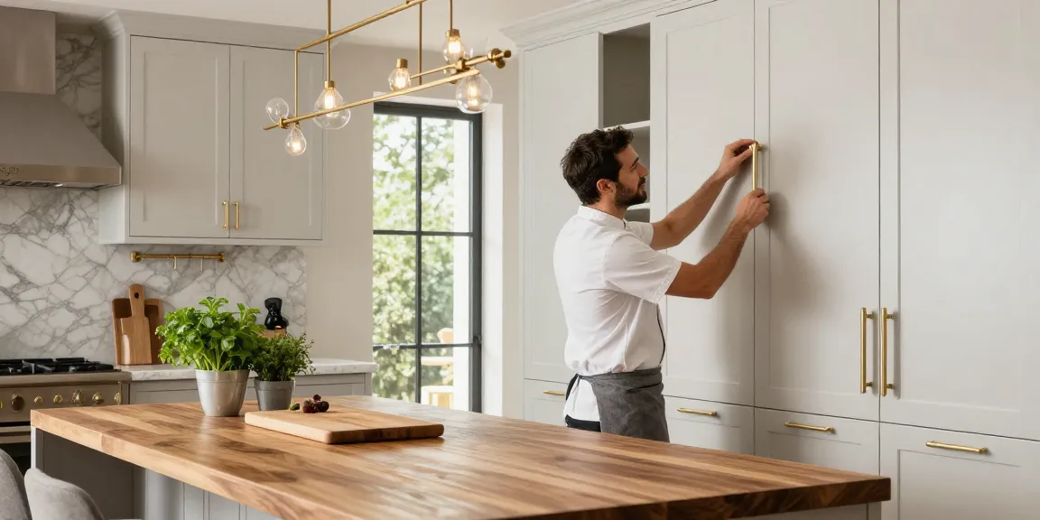 Elegant chef showcasing premium handles and marble accents in a luxury kitchen setting.