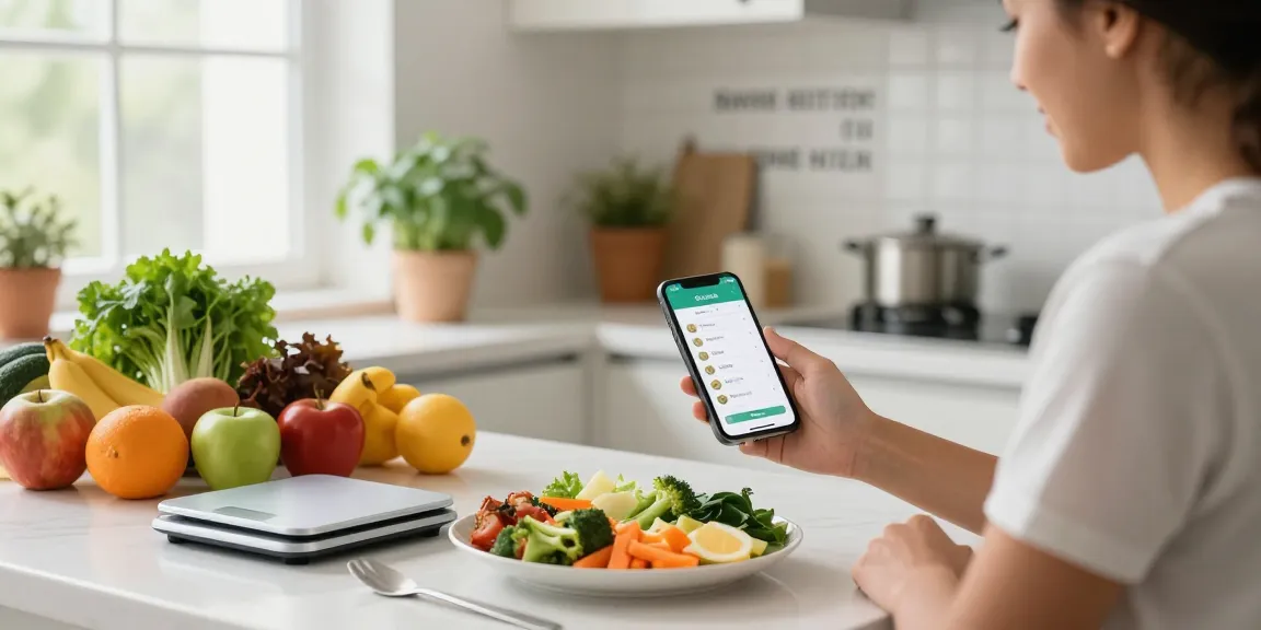 Focused individual using the best calorie tracker app in a bright kitchen filled with fresh ingredients.