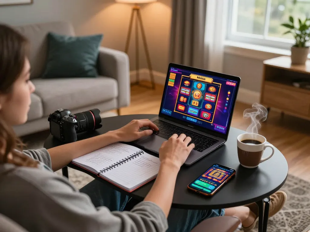 Engaging online casino gaming at home with FAFA 828 on screen, showcasing responsible gambling.