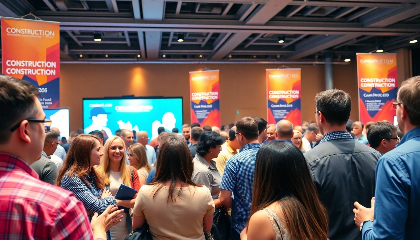 Engaged attendees at construction networking events exchanging ideas in a lively setting.
