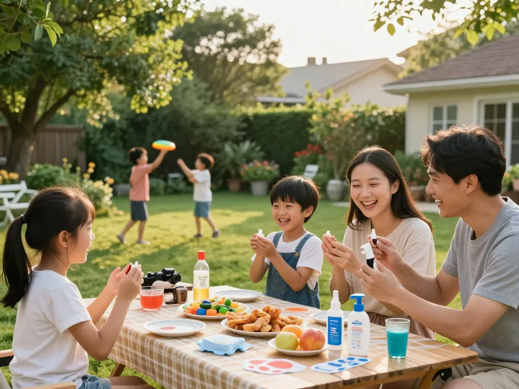 Family enjoying a barbecue while using mosquito repellent for protection against pests.