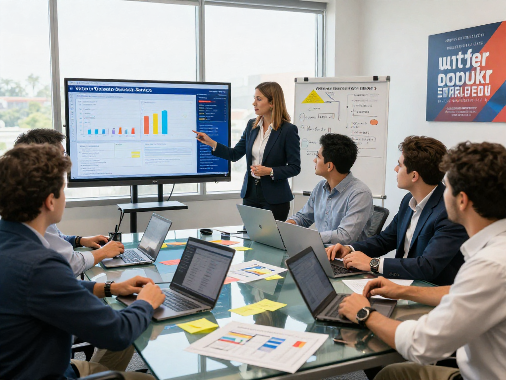 Campaign strategy meeting for voter outreach services with team analyzing data insights and demographics, fostering collaboration and innovation.