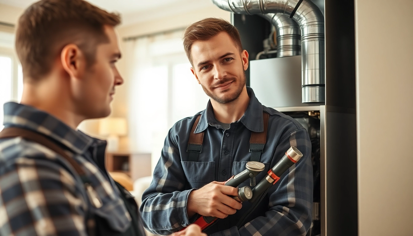 Technician providing emergency heating repair service in a cozy home environment.