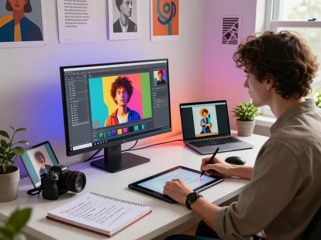 Digital artist creating prompts from images using AI software in a vibrant workspace.