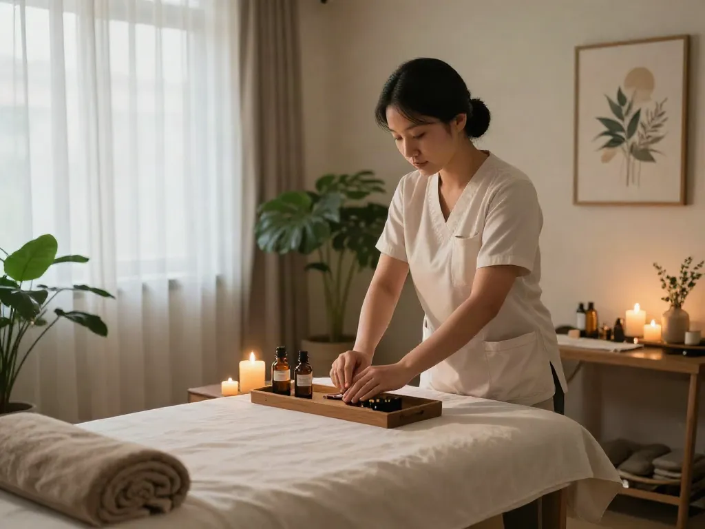 Calming atmosphere for 명동출장마사지 session featuring professional therapist preparing oils.