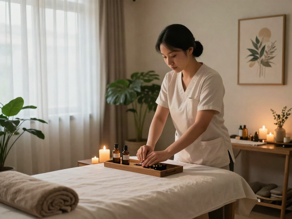 Calming atmosphere for 명동출장마사지 session featuring professional therapist preparing oils.