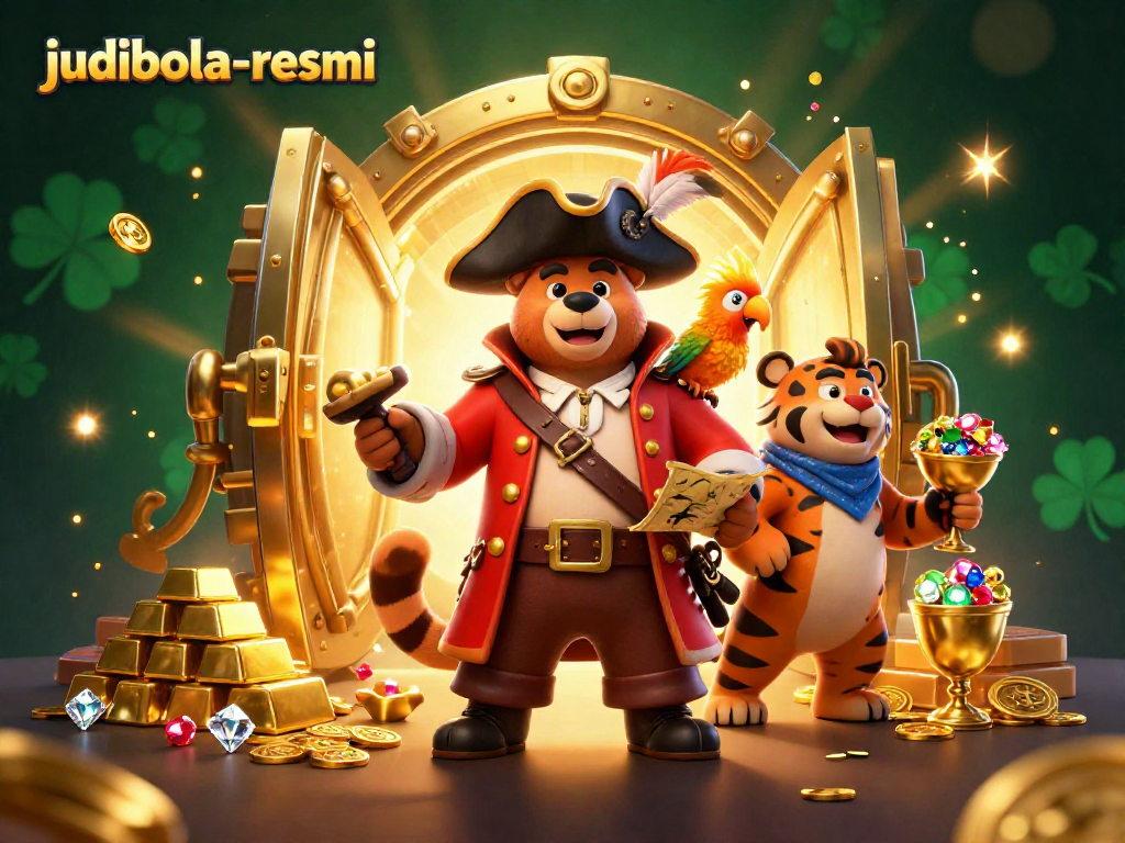 Join the excitement in judibola-resmi with a cartoon pirate and tiger exploring treasures in a grand casino.