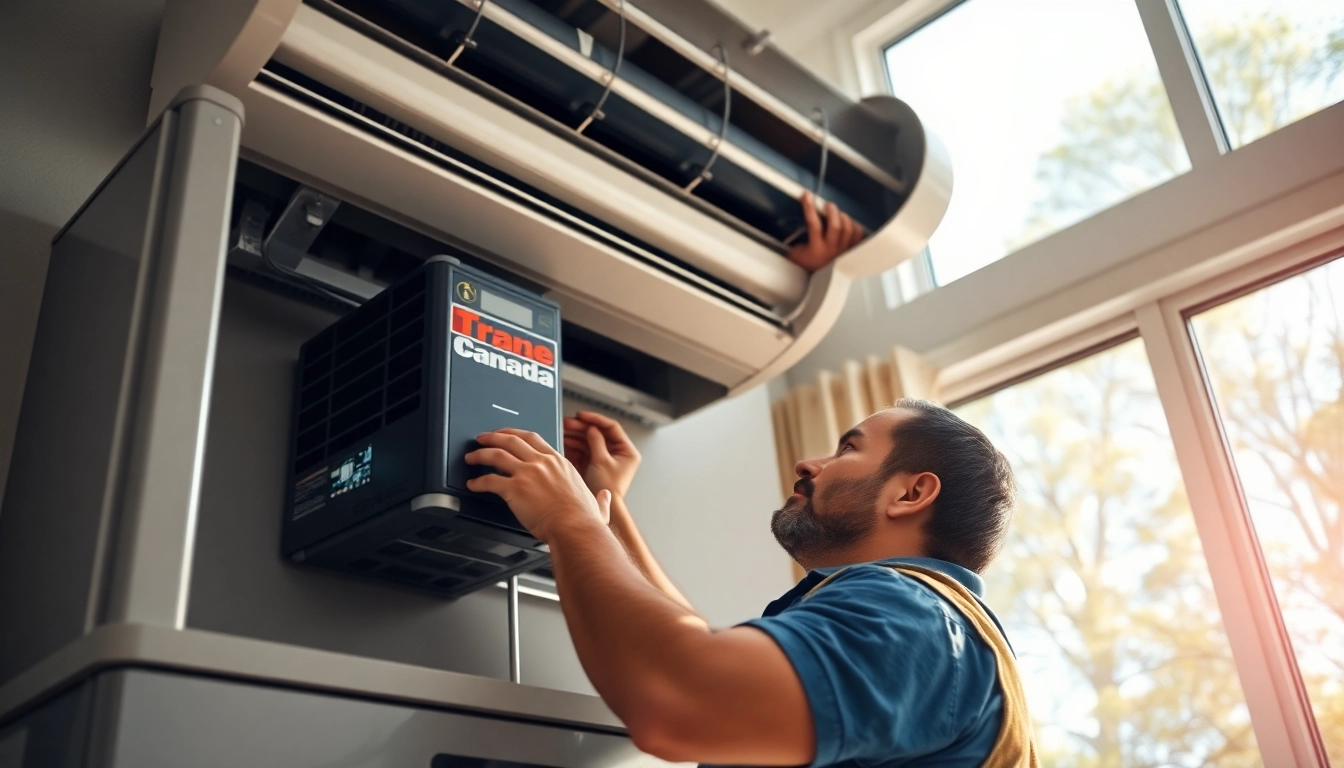 Technician installing a reliable Trane Canada HVAC system in a bright residential setting.