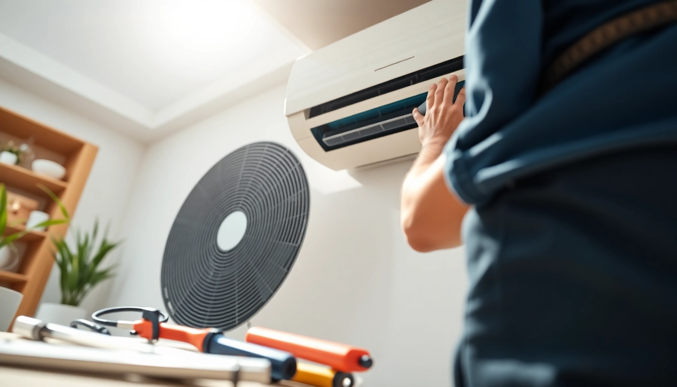 Technician performing AC installation services in a bright home, highlighting expert quality.