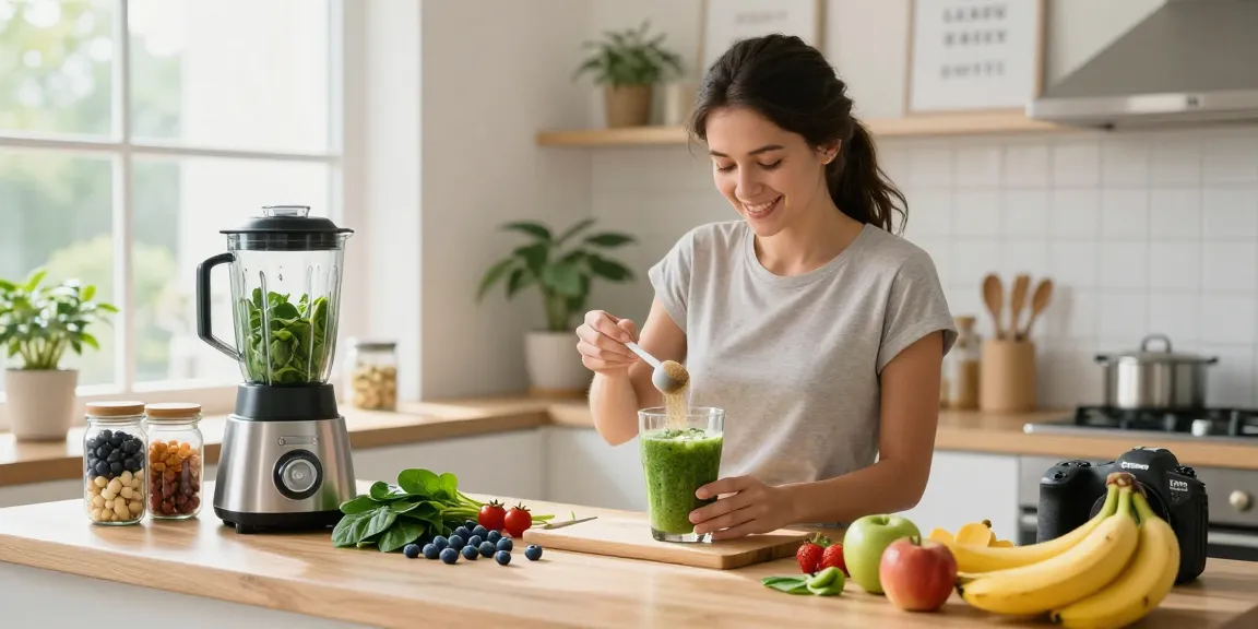 Healthy woman preparing an antioxidant supplement Canada smoothie with fresh ingredients in a modern kitchen.