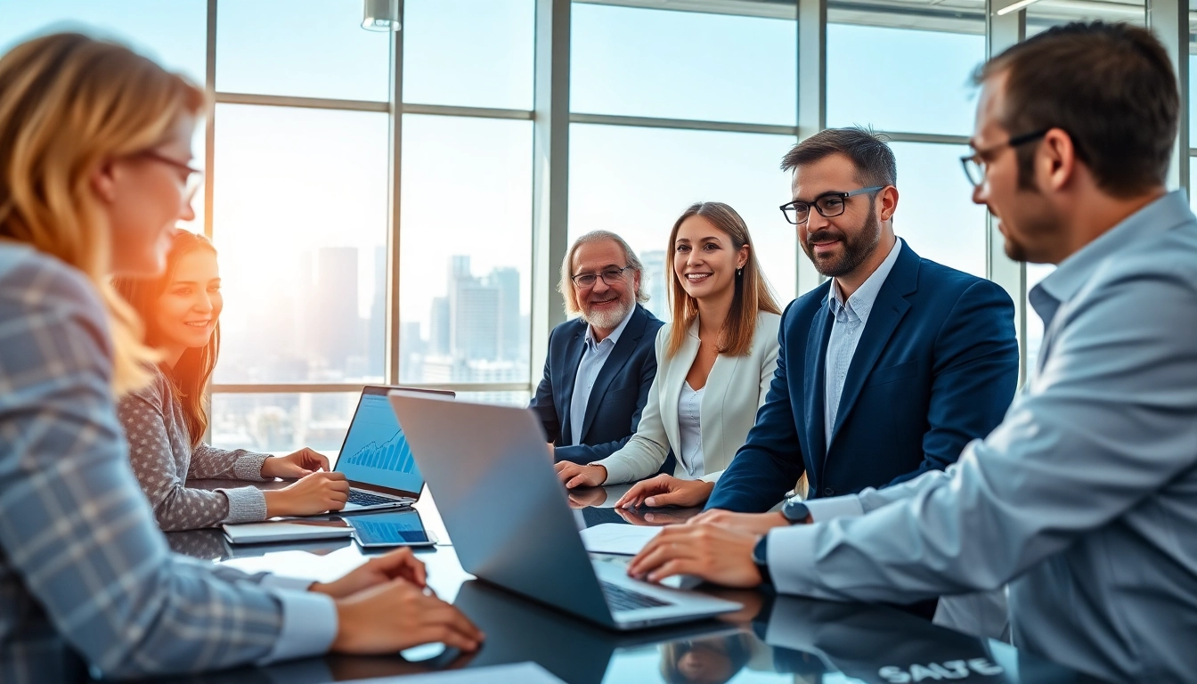 Business team discussing digital transformation services in a modern office setting.