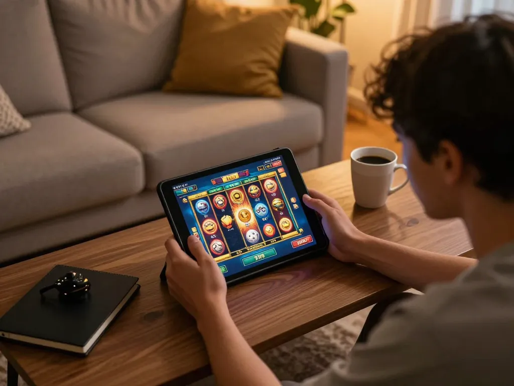 Engaged player reviews slot bet 200 on tablet in a cozy home gaming setup.