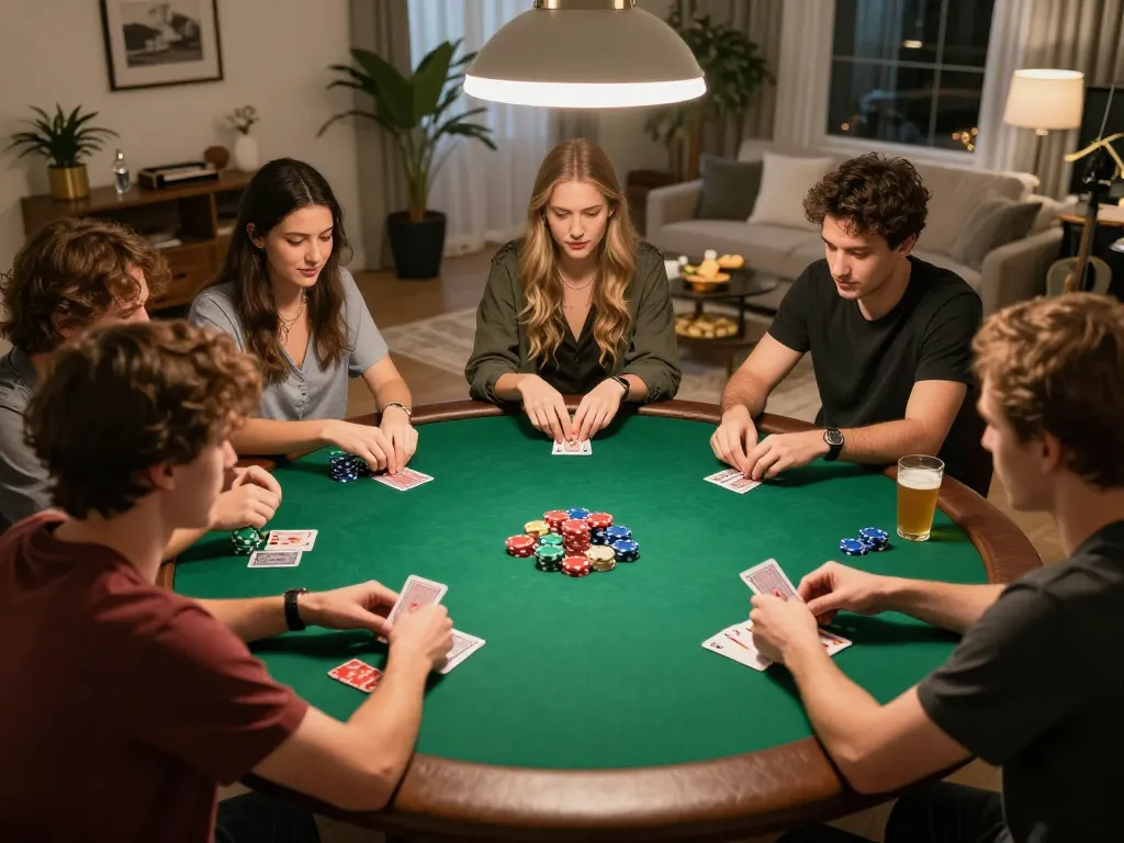 Situs Toto Macau poker game in a cozy home setting showing friends engaged in strategic gameplay