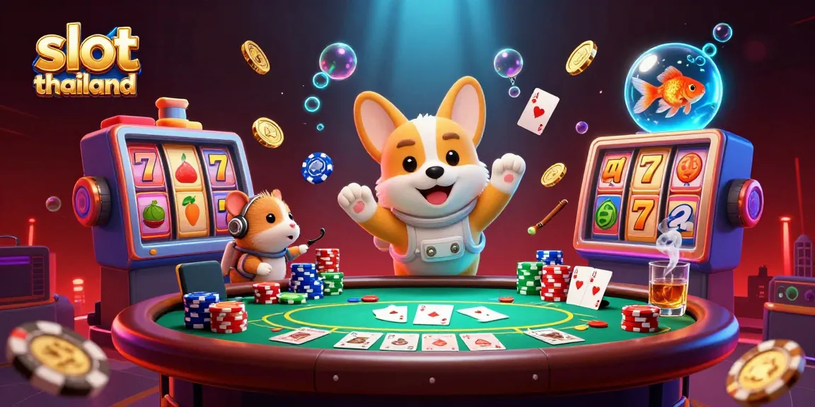 Engaging scene showcasing slot thailand with a cartoon corgi and casino elements floating in space.