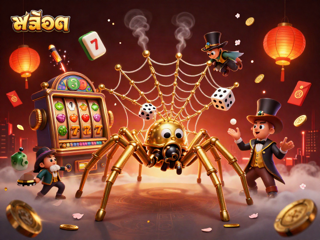 Engage in thrilling สล็อต gameplay with a vivid illustration of a steampunk spider and captivating elements.