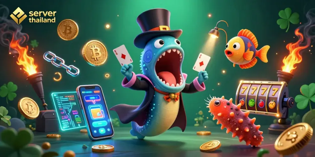Engage with server thailand through a vibrant 3D casino scene filled with crypto coins and magical characters.