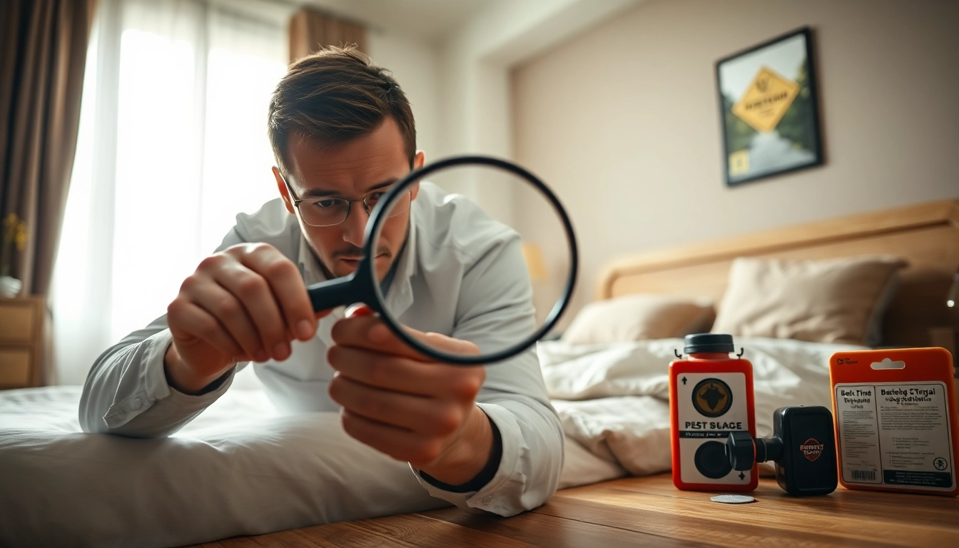 Bedbugs exterminator near me examining for pests in a well-lit bedroom.