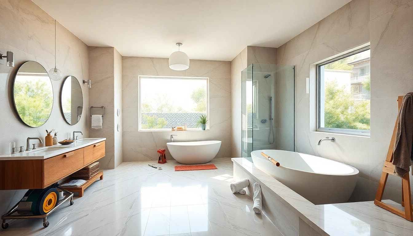 Bathroom remodeling contractors transforming a stylish bathroom with modern fixtures and bright lighting.