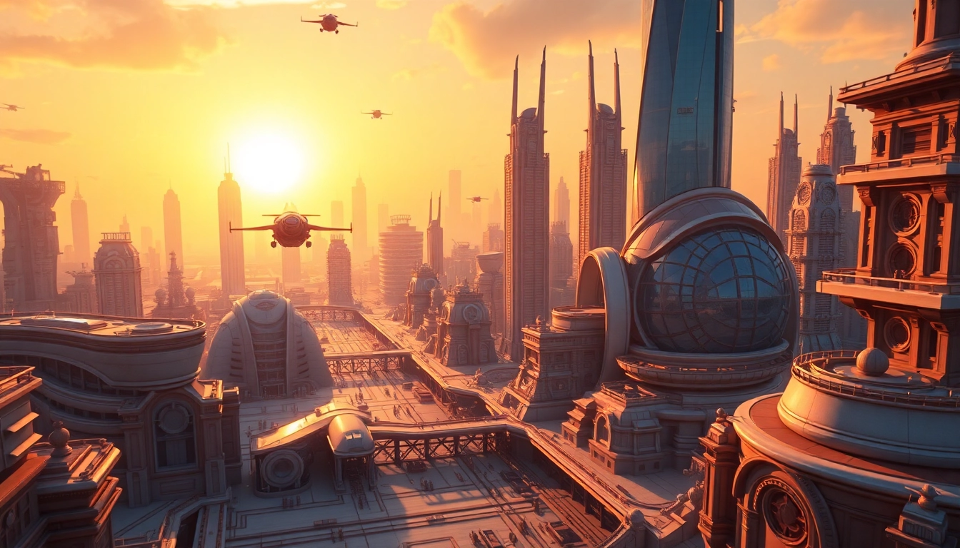Die faszinierende 3D Animation eines futuristischen Stadtpanoramas mit lebendigen Farben und dynamischen Elementen.