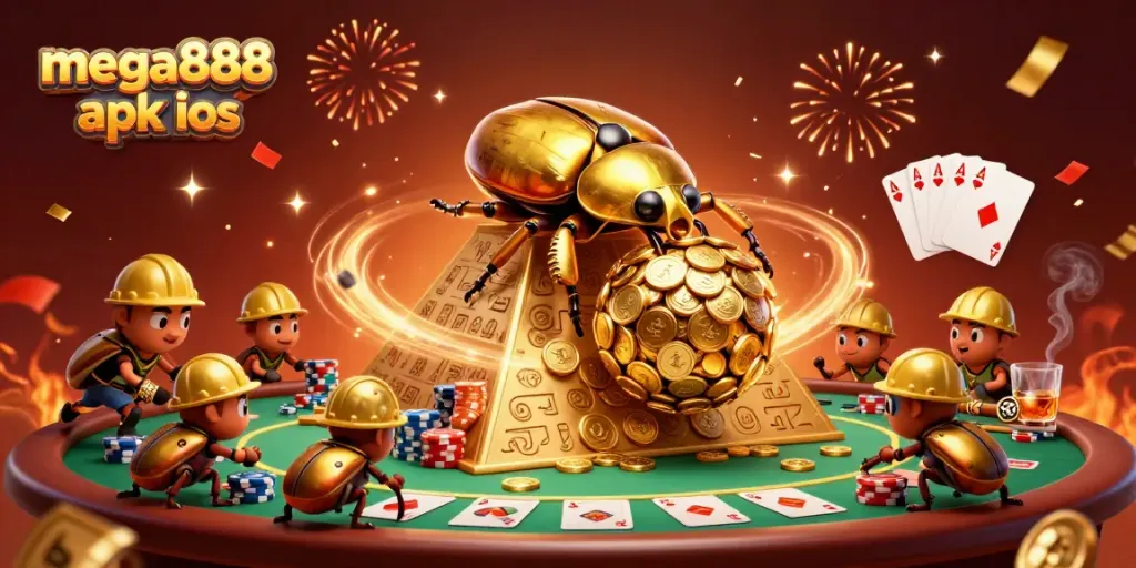 Engage with mega888 apk ios in this vibrant 3D casino illustration filled with gold coins and excitement.