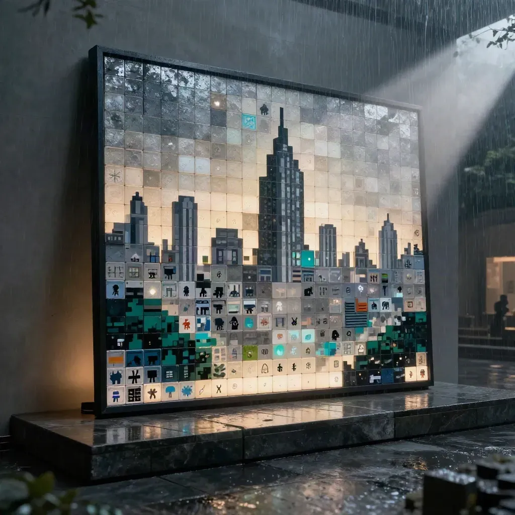Framed pixel-art city mosaic with LED tiles, sprite cards, and cyan glow in a stormy gallery.