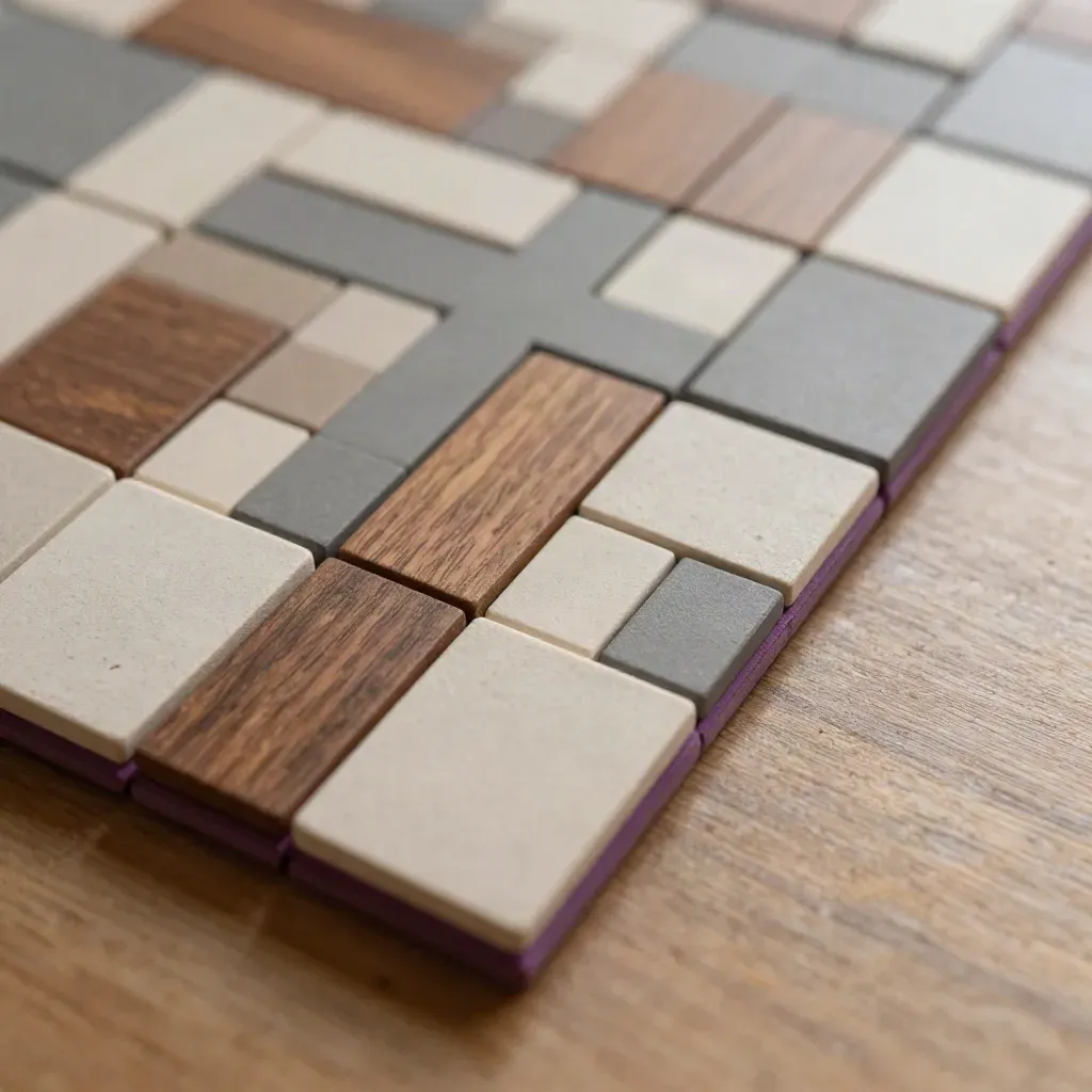 Macro of modular pixel-art tile samples on walnut wood with a soft violet rim glow.