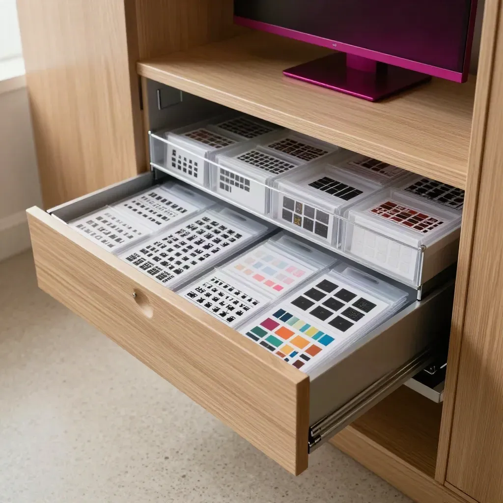 Open drawer of sprite sheets and resource cards in a quiet pixel-art studio vault.