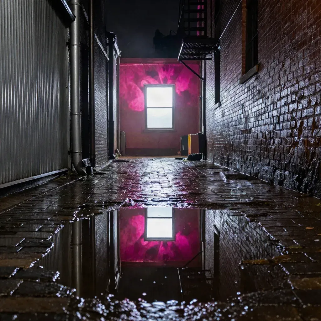 Rainy alley with a bright reflected window, magenta glow, and mist at night.