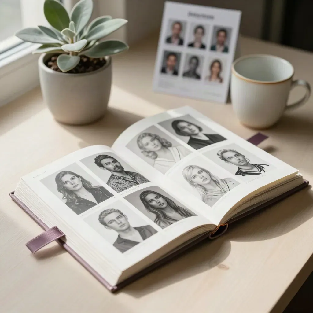 Opened portfolio folio with avatar studies, plant, and ceramic cup on pale wood.