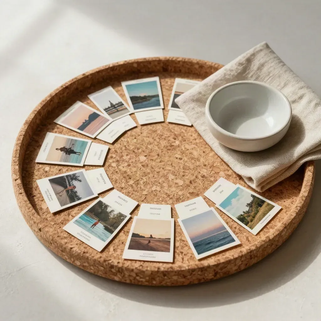 Cork tray with challenge tokens, scene swatches, linen cloth and ceramic bowl on plaster.