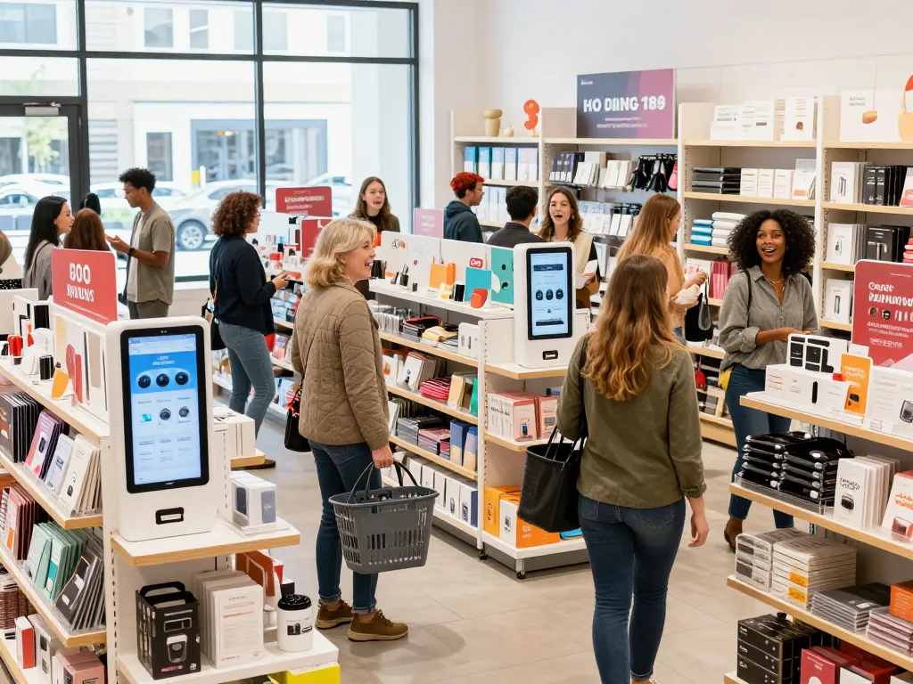 Shoppers at a vibrant retail store engaging with products and signing up for https://hubet88.icu/ newsletter updates.