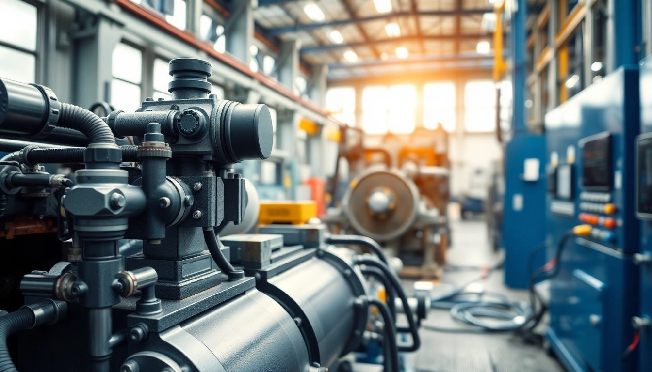 Showcasing industrial hydraulics solutions with intricate components and machinery in an active setting.