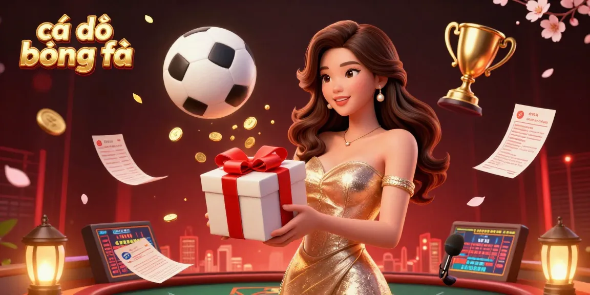 Cá độ bóng đá sports betting scene showcasing a stylish Asian woman celebrating with coins and sports elements.