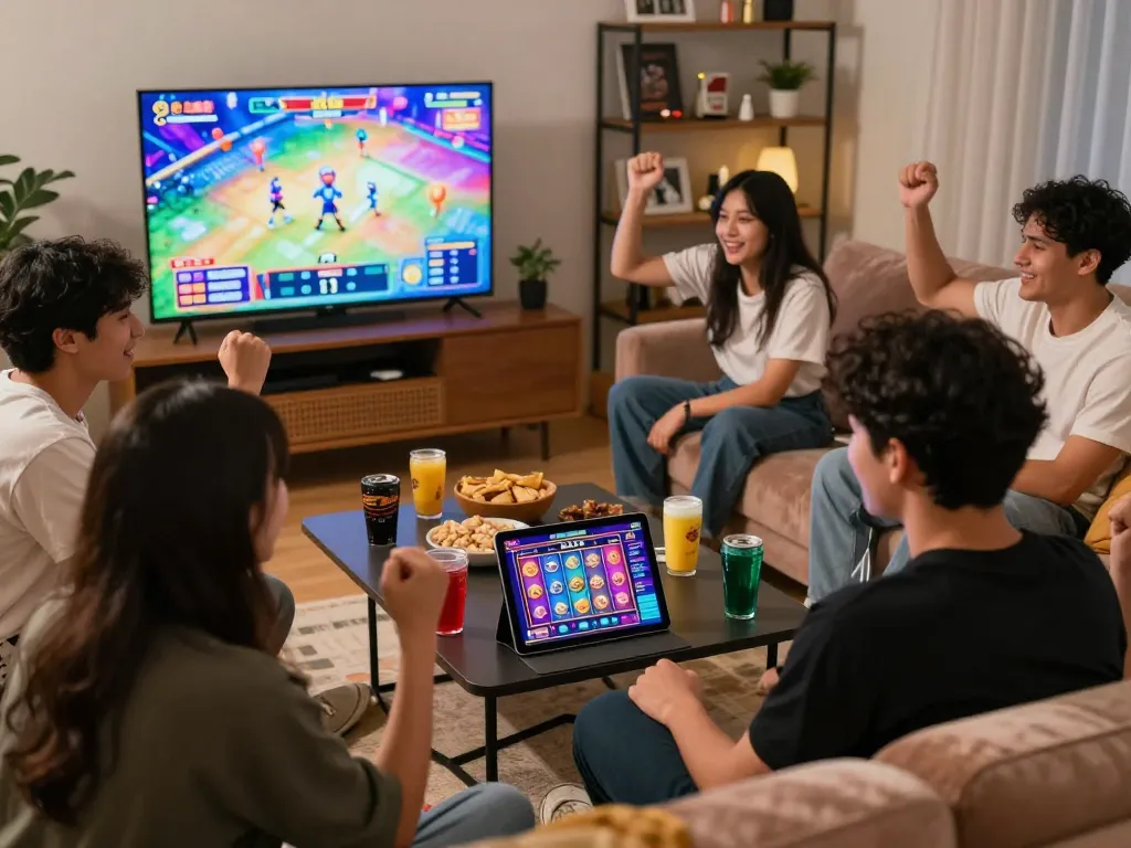 Teman-teman menikmati pengalaman bermain situs slot di ruang tamu yang meriah.