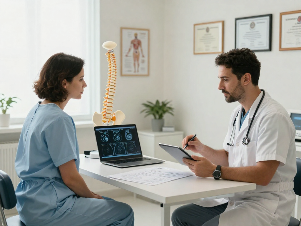 Consultation regarding Bel kayması ameliyatı with a surgeon and patient in a modern clinic.