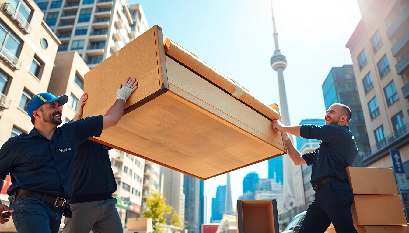 Best Toronto Movers helping lift furniture in sunny Toronto neighborhood.