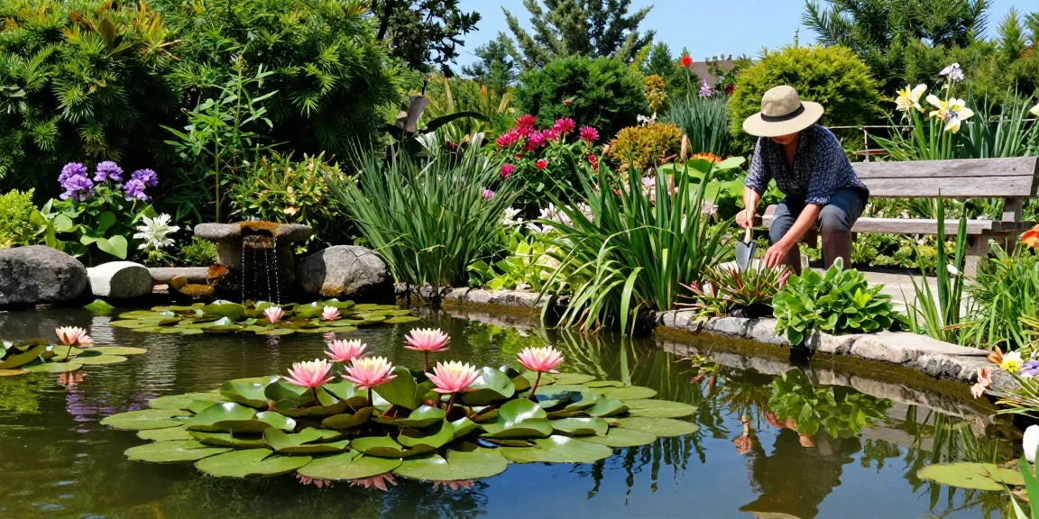 Buy Water Lilies blooming in a tranquil garden pond with lush greenery.