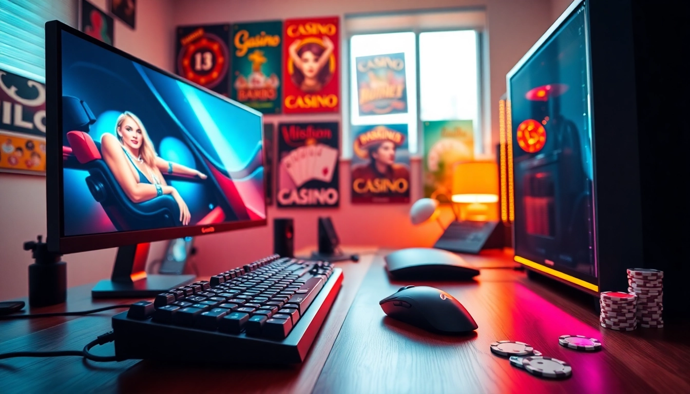 Neue casino bonus ohne einzahlung, vibrant gaming setup with LED elements and casino decor.
