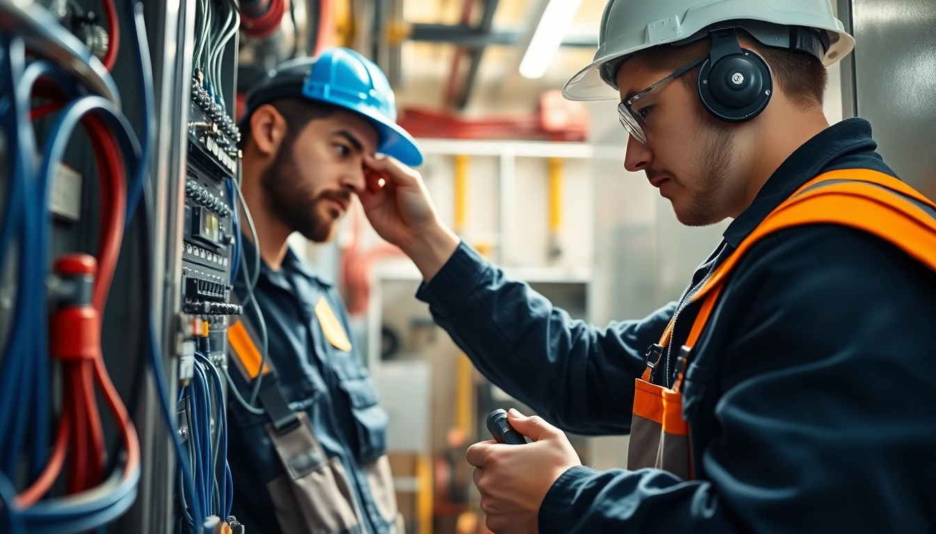 Electrician providing electrical maintenance edmonton with tools and safety gear in an industrial setting.