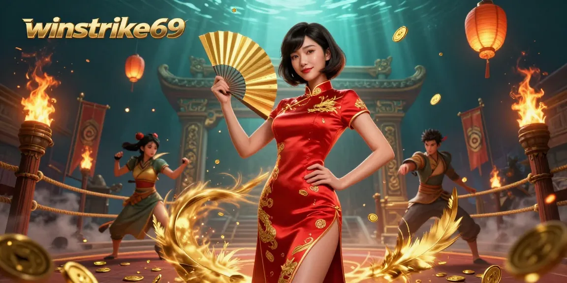 Winstrike69 features an Asian beauty in a dynamic casino scene, showcasing vibrant game energy.