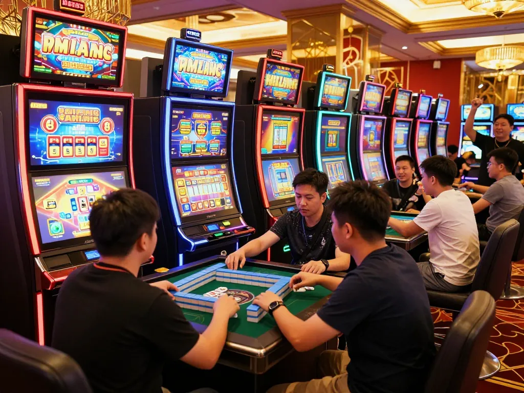 Players engaged in slot mahjong gameplay at a vibrant casino, showcasing the dynamic atmosphere.