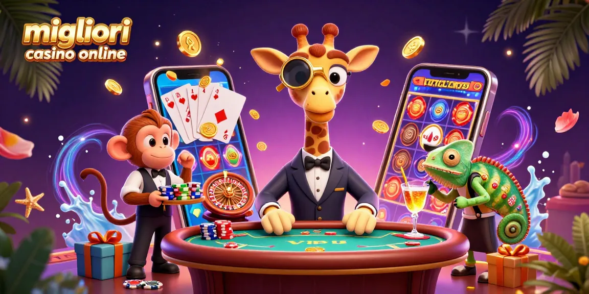 Scopri i migliori casinò online con un'immagine vivace di una giraffa high-roller, una scimmia e un camaleonte.