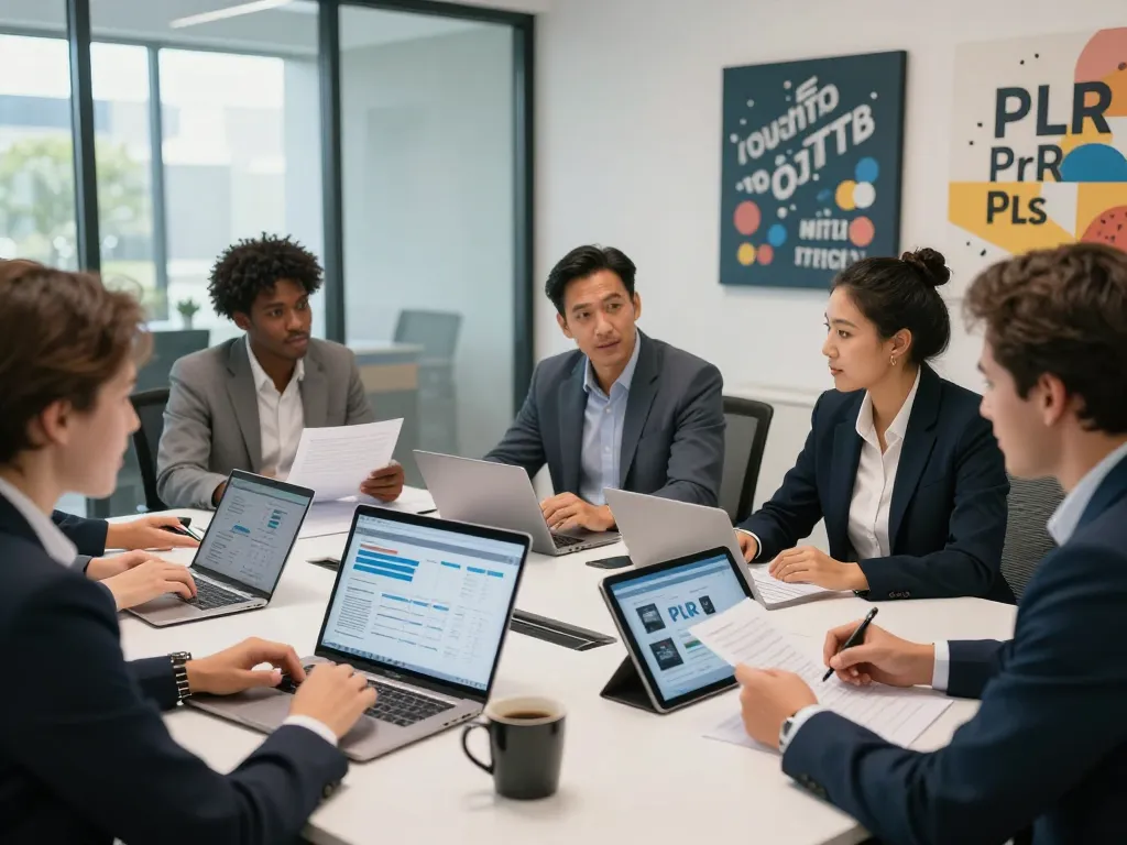 Team collaborating to purchase PLR content in a modern conference room setting.