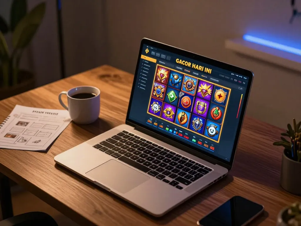Engaging in thrilling slot gacor hari ini gameplay on a modern laptop, showcasing immersive gaming environment.