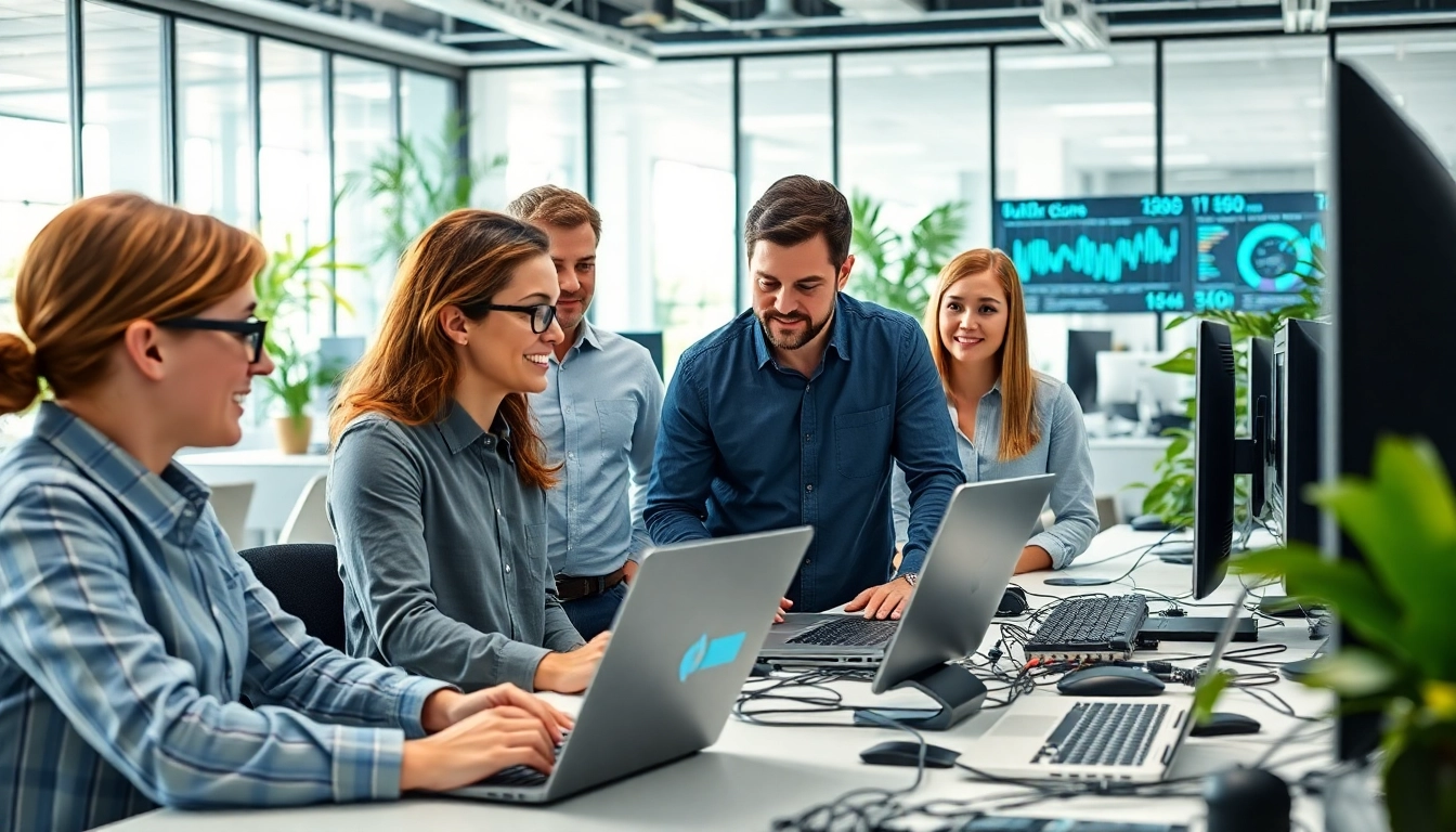 Managed IT services Lakeland team collaborating in a modern office, showcasing technology and teamwork.