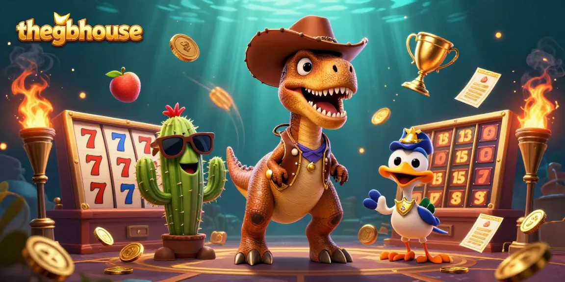 Thegbhouse showcases a lively casino scene featuring a cowboy dinosaur, slot reels, and vibrant game elements.