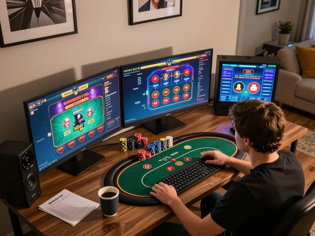 Engaging scene of a person playing at casino online stranieri sicuri with multiple screens and poker chips.