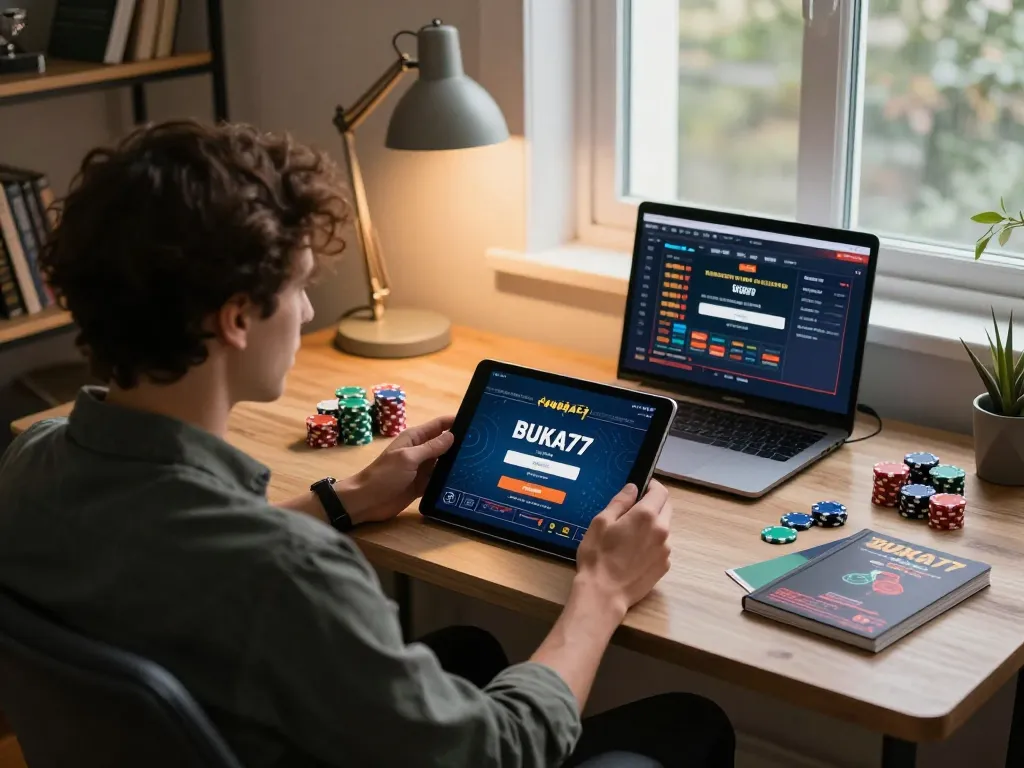 BUKA77 LOGIN interface on a tablet in a stylish home office setting, showcasing online gaming.