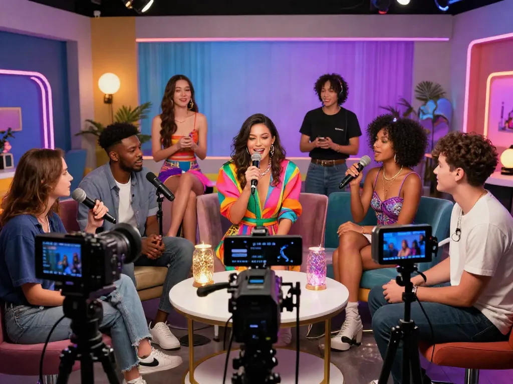 Engaging live porn performance scene with diverse performers and vibrant studio setup.