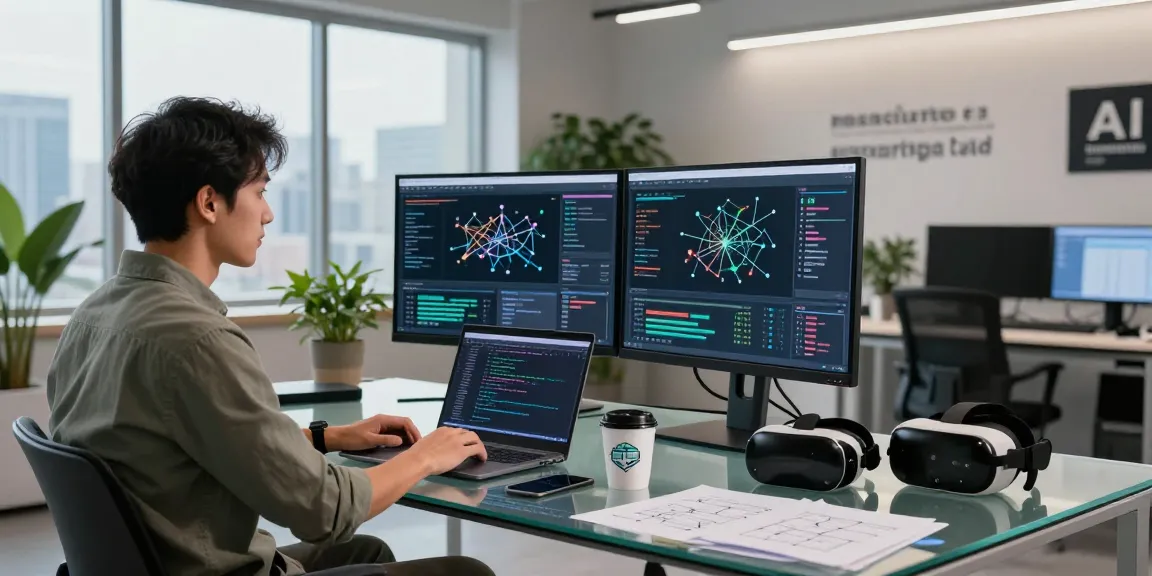 Data scientist working on AI research with dual monitors displaying complex algorithms, illustrating crush on ai.